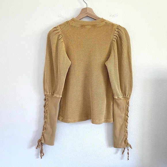 Free People One Tasha Thermal Waffle Knit Lace Up Puff Sleeve Top Dark Yellow XS - Picture 7 of 15